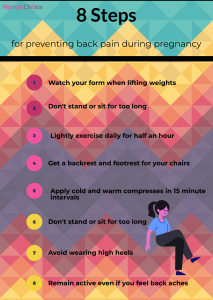 1. Watch your form when lifting weights. 2. Don't stand or sit for too long. 3. Lightly exercise daily for half an hour. 4. Get a backrest and footrest for your chair. 5. Apply cold and warm compresses in 15 minute intervals. 6. Don't stand or sit for too long. 7. Avoid wearing high heels. 8. Remain active even if you feel back aches.